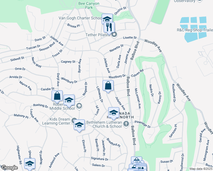 map of restaurants, bars, coffee shops, grocery stores, and more near 12454 El Oro Way in Los Angeles