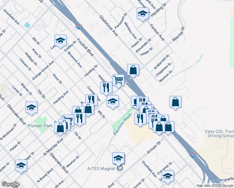 map of restaurants, bars, coffee shops, grocery stores, and more near 13226 Maclay Street in San Fernando