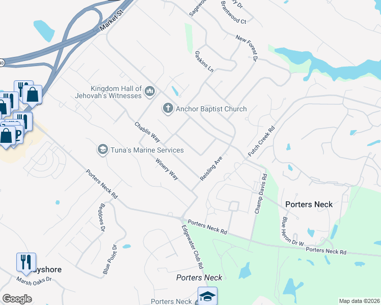 map of restaurants, bars, coffee shops, grocery stores, and more near 726 Tuscan Way in Wilmington