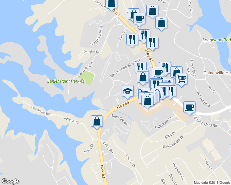 map of restaurants, bars, coffee shops, grocery stores, and more near 1822 Lanier Springs Drive Northwest in Gainesville