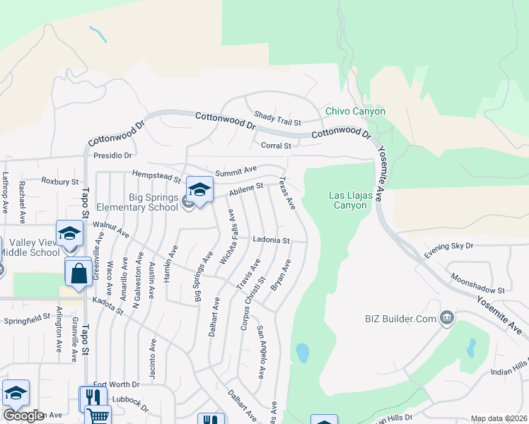map of restaurants, bars, coffee shops, grocery stores, and more near 3446 Travis Avenue in Simi Valley