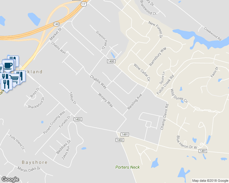 map of restaurants, bars, coffee shops, grocery stores, and more near 715 Chablis Way in Wilmington