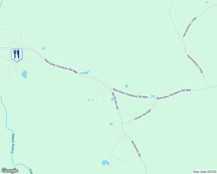 map of restaurants, bars, coffee shops, grocery stores, and more near 465 Barnsley Gardens Road Northwest in Adairsville