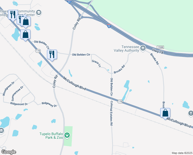 map of restaurants, bars, coffee shops, grocery stores, and more near 2690 McCullough Boulevard in Tupelo