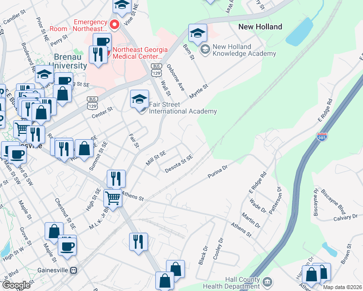 map of restaurants, bars, coffee shops, grocery stores, and more near 1132 Mill Street Southeast in Gainesville