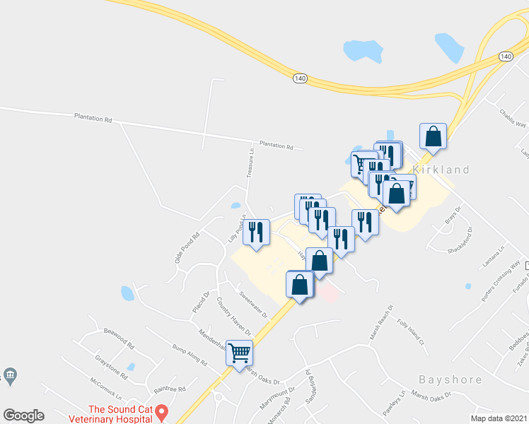 map of restaurants, bars, coffee shops, grocery stores, and more near 8100 Red Cockaded Court in Wilmington