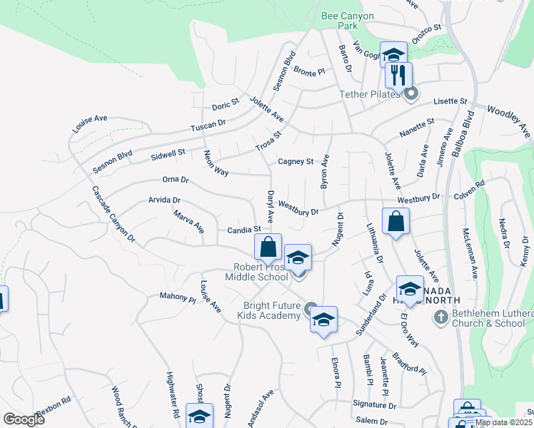 map of restaurants, bars, coffee shops, grocery stores, and more near 12525 Daryl Avenue in Los Angeles