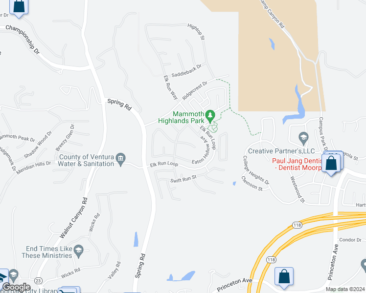 map of restaurants, bars, coffee shops, grocery stores, and more near 14810 Blue Ridge Court in Moorpark