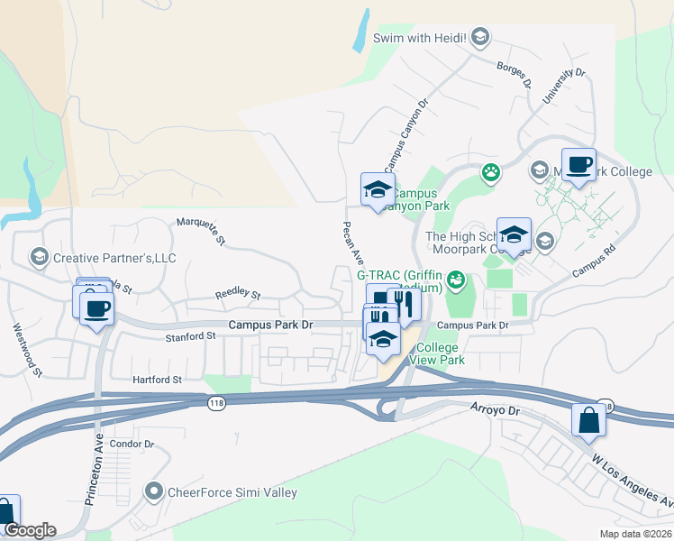 map of restaurants, bars, coffee shops, grocery stores, and more near 15135 Marquette Street in Moorpark
