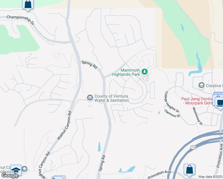 map of restaurants, bars, coffee shops, grocery stores, and more near 13663 Shenandoah Way in Moorpark