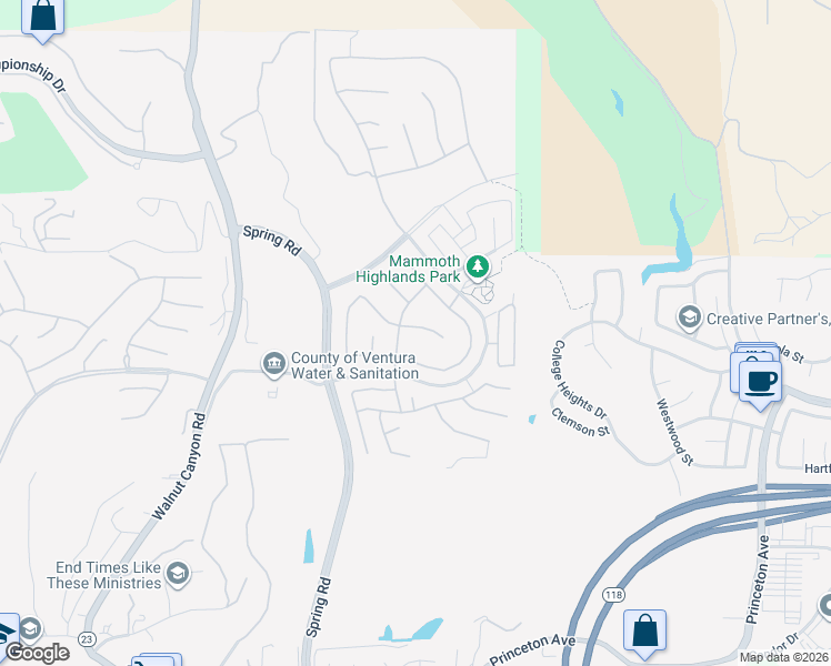map of restaurants, bars, coffee shops, grocery stores, and more near 14810 Blue Ridge Court in Moorpark