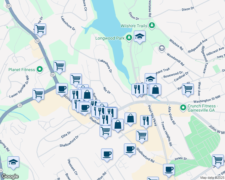 map of restaurants, bars, coffee shops, grocery stores, and more near 704 Nix Drive in Gainesville