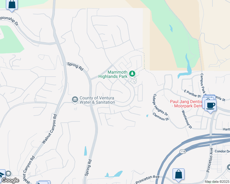 map of restaurants, bars, coffee shops, grocery stores, and more near 14810 Blue Ridge Court in Moorpark