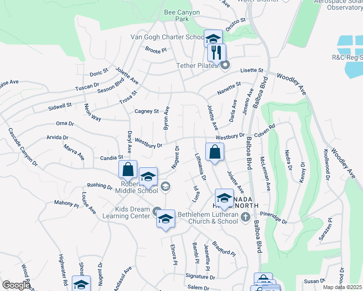 map of restaurants, bars, coffee shops, grocery stores, and more near 12500 Nugent Drive in Los Angeles