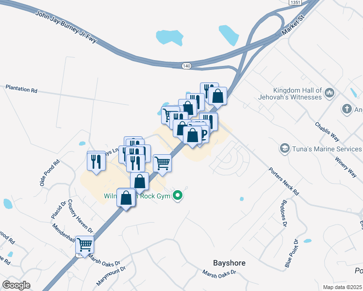 map of restaurants, bars, coffee shops, grocery stores, and more near 8232 Market St in Wilmington