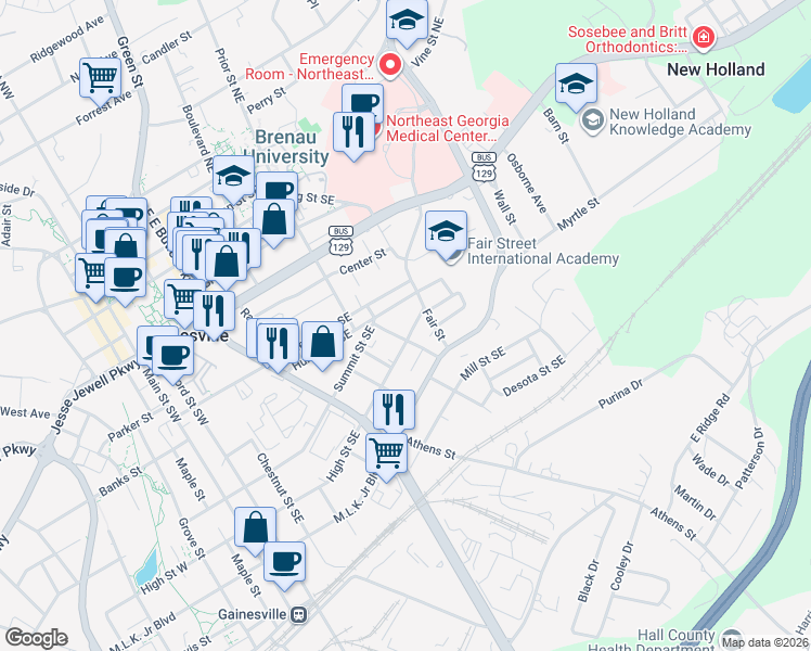 map of restaurants, bars, coffee shops, grocery stores, and more near 820 High Street Southeast in Gainesville