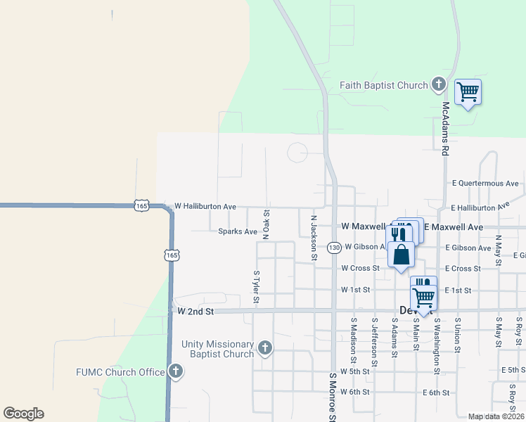 map of restaurants, bars, coffee shops, grocery stores, and more near 222 North Oak Street in DeWitt