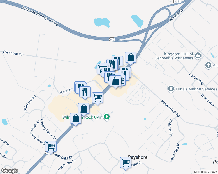 map of restaurants, bars, coffee shops, grocery stores, and more near 8207 Market Street in Wilmington
