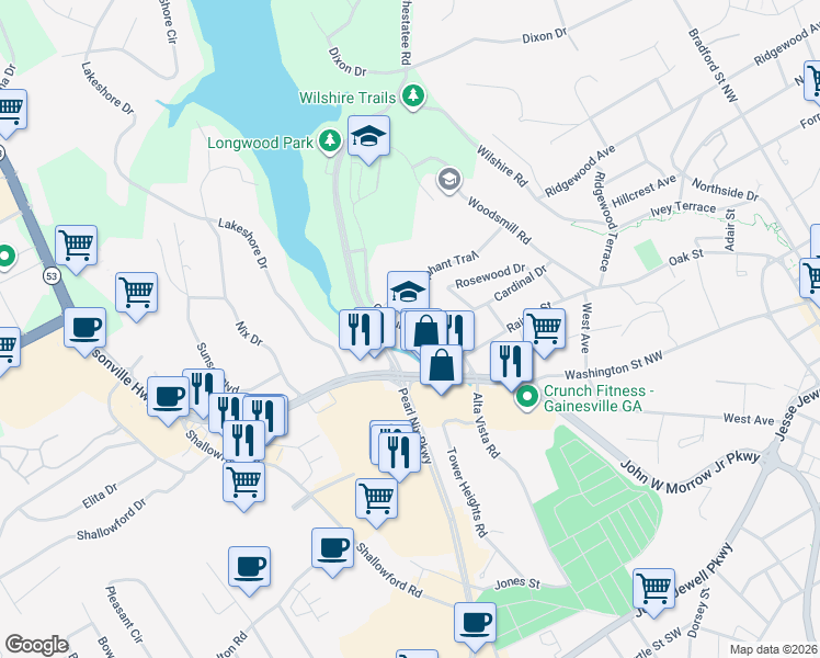 map of restaurants, bars, coffee shops, grocery stores, and more near 8730-8932 Century Place in Gainesville