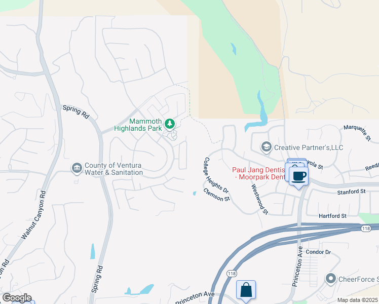 map of restaurants, bars, coffee shops, grocery stores, and more near 6820 Simmons Way in Moorpark