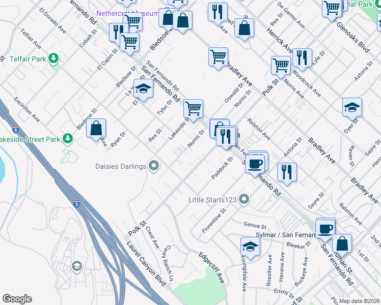 map of restaurants, bars, coffee shops, grocery stores, and more near 15115 Nurmi Street in Los Angeles