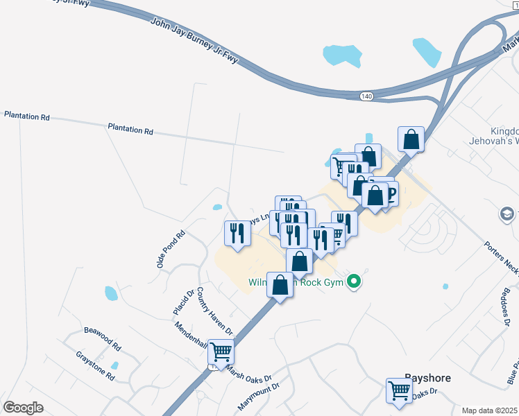 map of restaurants, bars, coffee shops, grocery stores, and more near Loosestrife Court in New Hanover County
