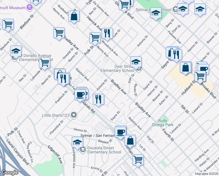 map of restaurants, bars, coffee shops, grocery stores, and more near 12563 Bradley Avenue in Los Angeles