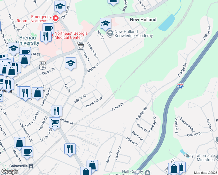 map of restaurants, bars, coffee shops, grocery stores, and more near 717 Emily Street Southeast in Gainesville