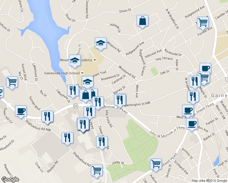 map of restaurants, bars, coffee shops, grocery stores, and more near Shaw Drive in Gainesville