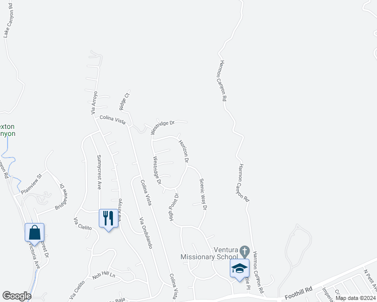map of restaurants, bars, coffee shops, grocery stores, and more near 1084 Horizon Drive in Ventura