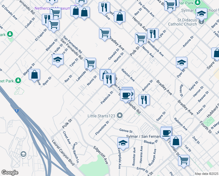 map of restaurants, bars, coffee shops, grocery stores, and more near 12625 San Fernando Road in Los Angeles