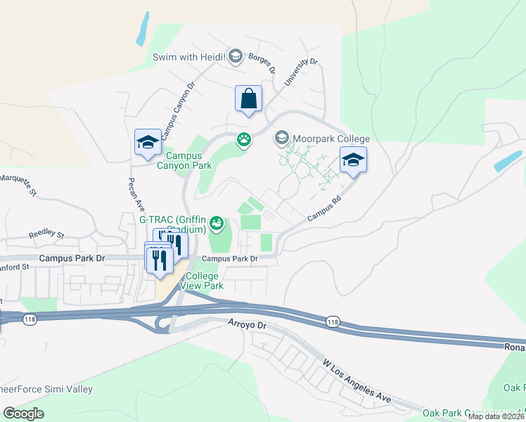 map of restaurants, bars, coffee shops, grocery stores, and more near 7075 Campus Road in Moorpark