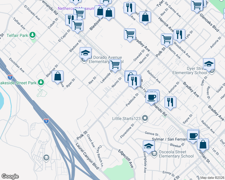 map of restaurants, bars, coffee shops, grocery stores, and more near 15115 Nurmi Street in Los Angeles