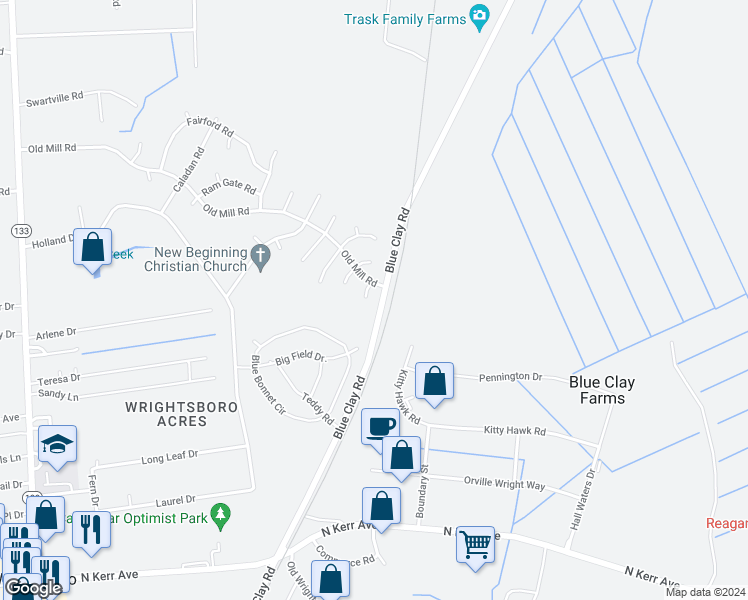 map of restaurants, bars, coffee shops, grocery stores, and more near 3206 Sky Court in Castle Hayne