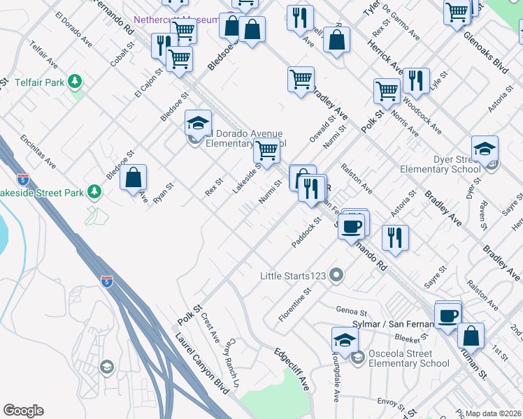 map of restaurants, bars, coffee shops, grocery stores, and more near 15115 Nurmi Street in Los Angeles