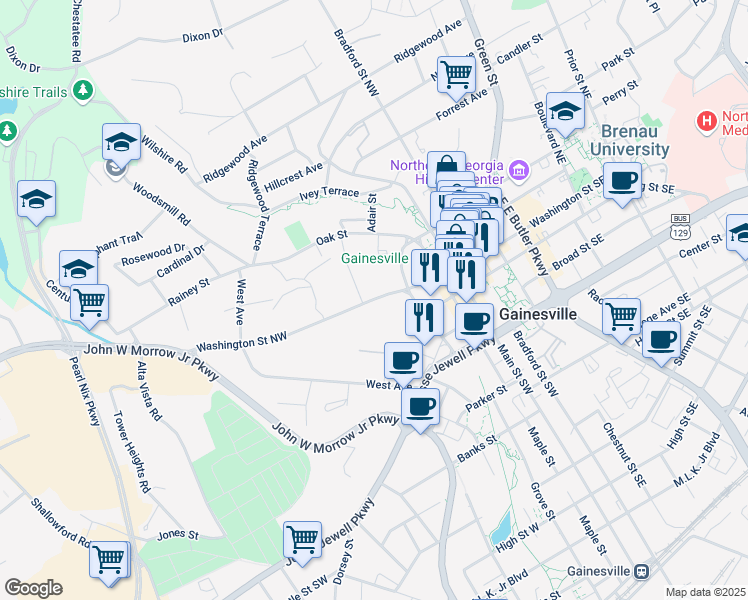 map of restaurants, bars, coffee shops, grocery stores, and more near 404 Washington Street Northwest in Gainesville