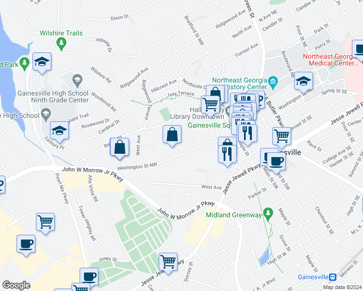 map of restaurants, bars, coffee shops, grocery stores, and more near 614 Washington Street Northwest in Gainesville