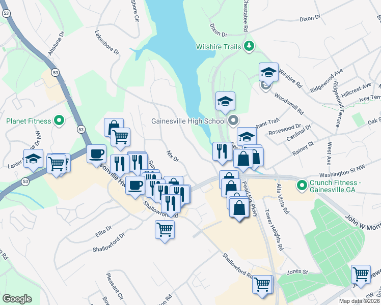 map of restaurants, bars, coffee shops, grocery stores, and more near 705 Lakeshore Drive in Gainesville