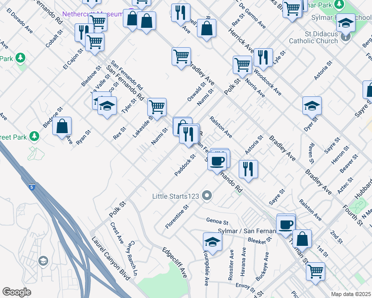 map of restaurants, bars, coffee shops, grocery stores, and more near 12651 San Fernando Road in Los Angeles