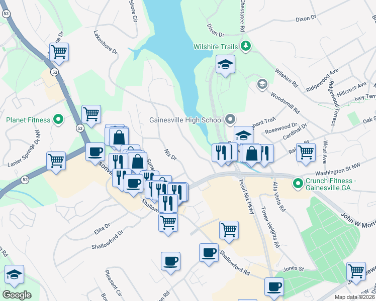 map of restaurants, bars, coffee shops, grocery stores, and more near 705 Lakeshore Dr in Gainesville