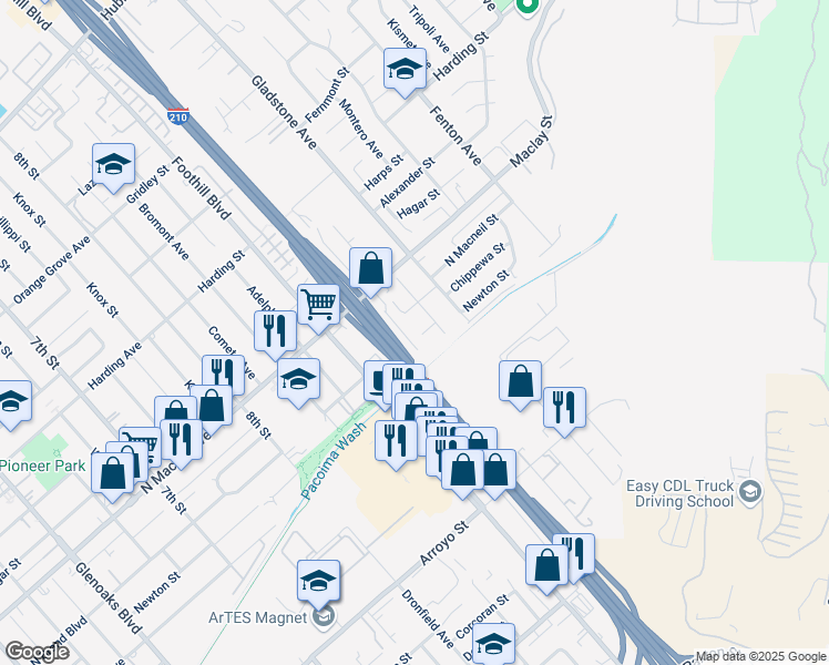 map of restaurants, bars, coffee shops, grocery stores, and more near 13039 Chippewa Street in Los Angeles