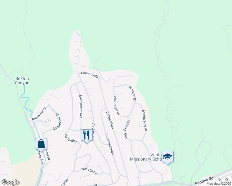 map of restaurants, bars, coffee shops, grocery stores, and more near 7017 Sonora Court in Ventura