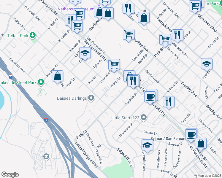 map of restaurants, bars, coffee shops, grocery stores, and more near 15115 Nurmi Street in Los Angeles
