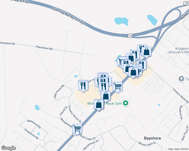 map of restaurants, bars, coffee shops, grocery stores, and more near 200 Loosestrife Court in Wilmington