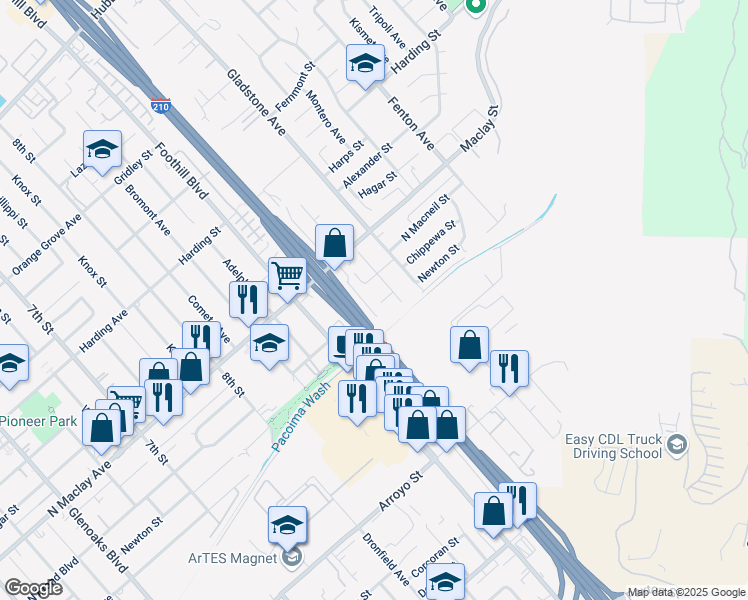 map of restaurants, bars, coffee shops, grocery stores, and more near 13039 Chippewa Street in Los Angeles