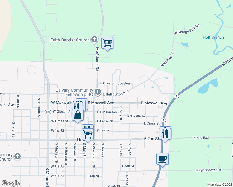 map of restaurants, bars, coffee shops, grocery stores, and more near 410 North May in DeWitt