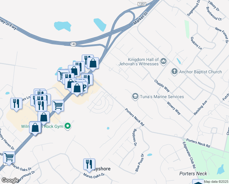map of restaurants, bars, coffee shops, grocery stores, and more near 309 Porters Neck Road in Wilmington