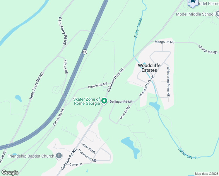 map of restaurants, bars, coffee shops, grocery stores, and more near 2688 Calhoun Road Northeast in Rome