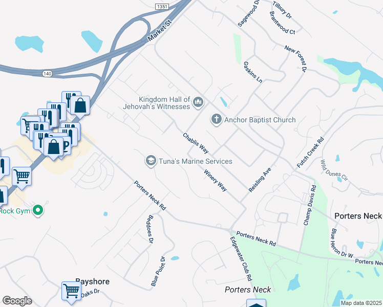 map of restaurants, bars, coffee shops, grocery stores, and more near 621 Winery Way in Wilmington