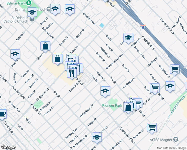 map of restaurants, bars, coffee shops, grocery stores, and more near 1915 Warren Street in San Fernando